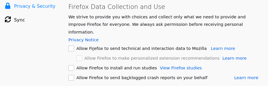 disable data collection firefox setting