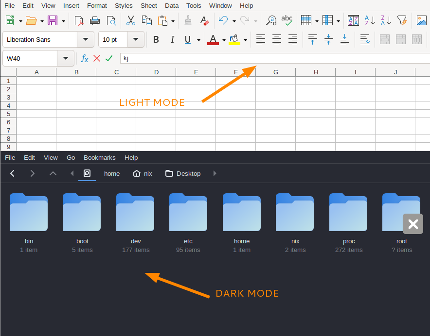 aplikasi libre calc berjalan dengan light theme sedangkan file browser berjalan dengan dark theme