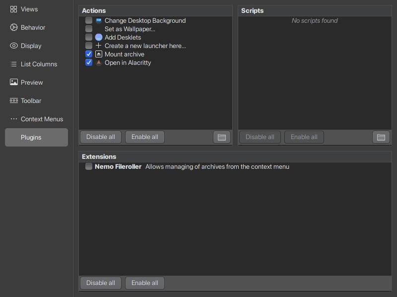 preferences menu plugin nemo file manager actions scripts
