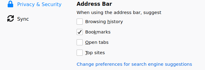 setting address bar firefox suggest bookmark only