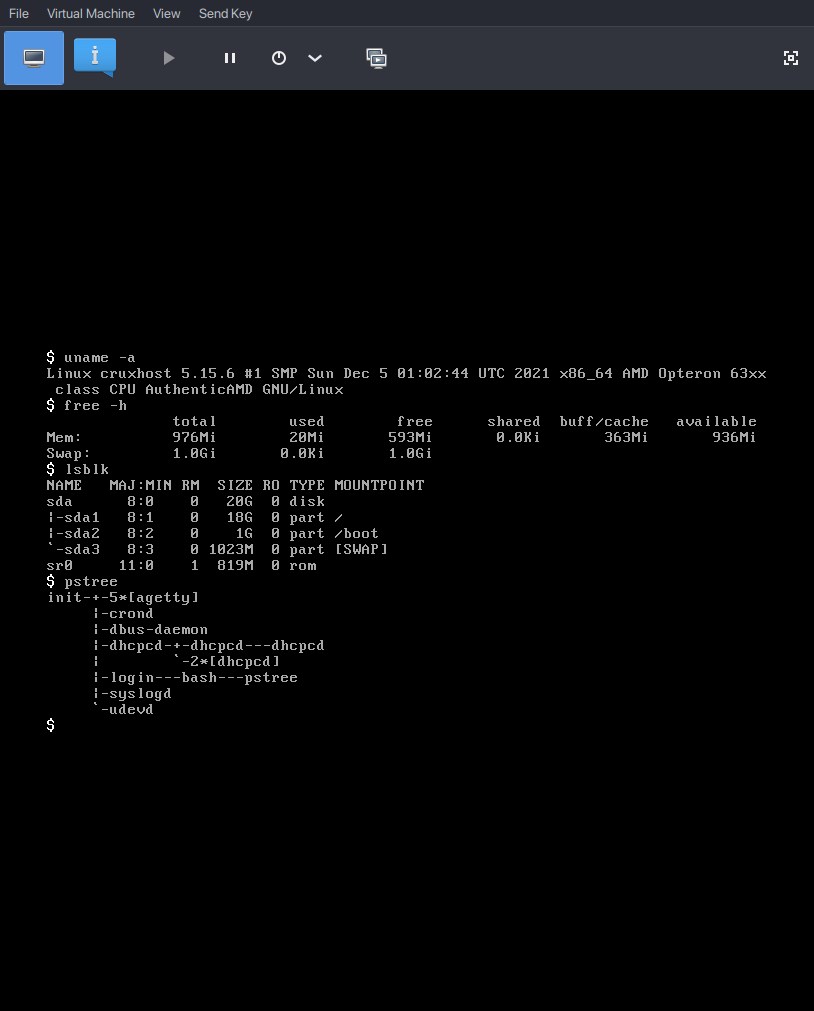 hasil instalasi crux linux di virtmanager virtual machine, memory idle hanya 20MB.